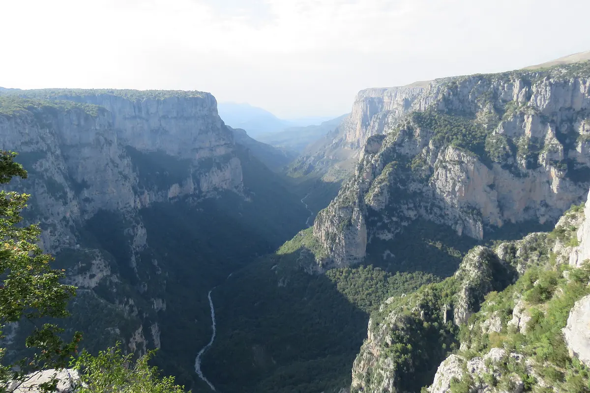 The Vikos gorge from the Beloi viewpoint, the cliffs falling to the riverbed far below.