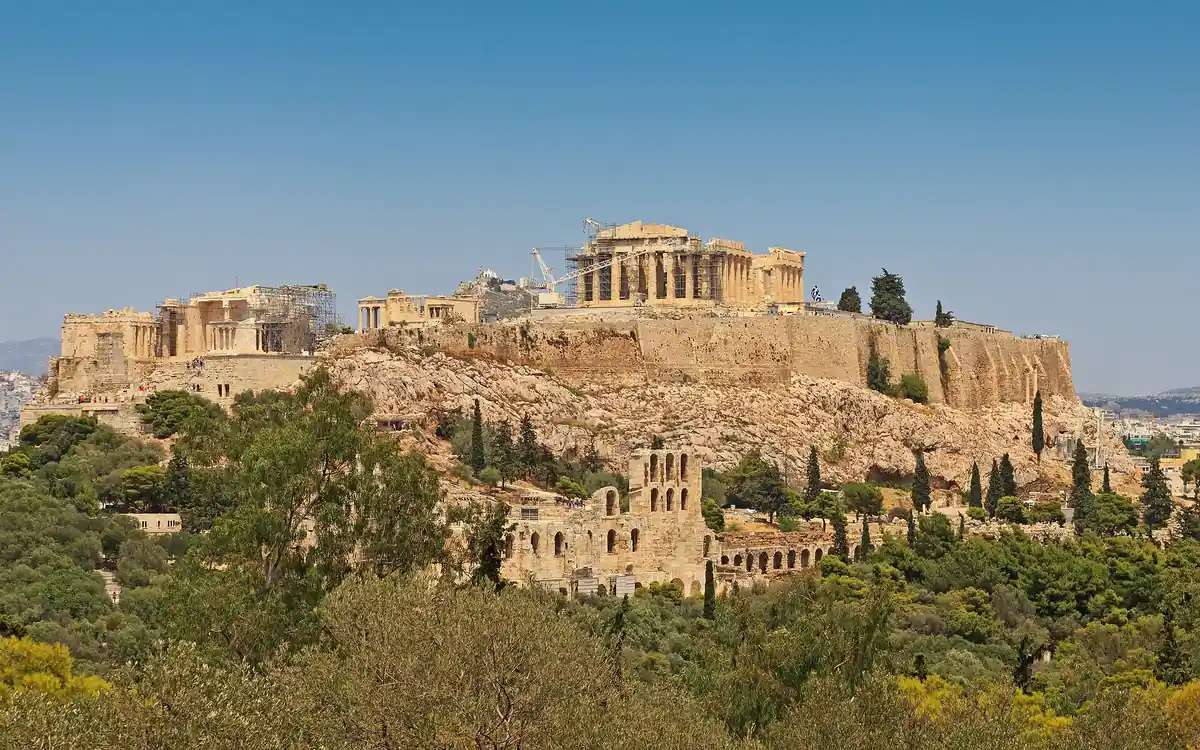 The Acropolis and the Parthenon seen from Philopappos hill, Athens.