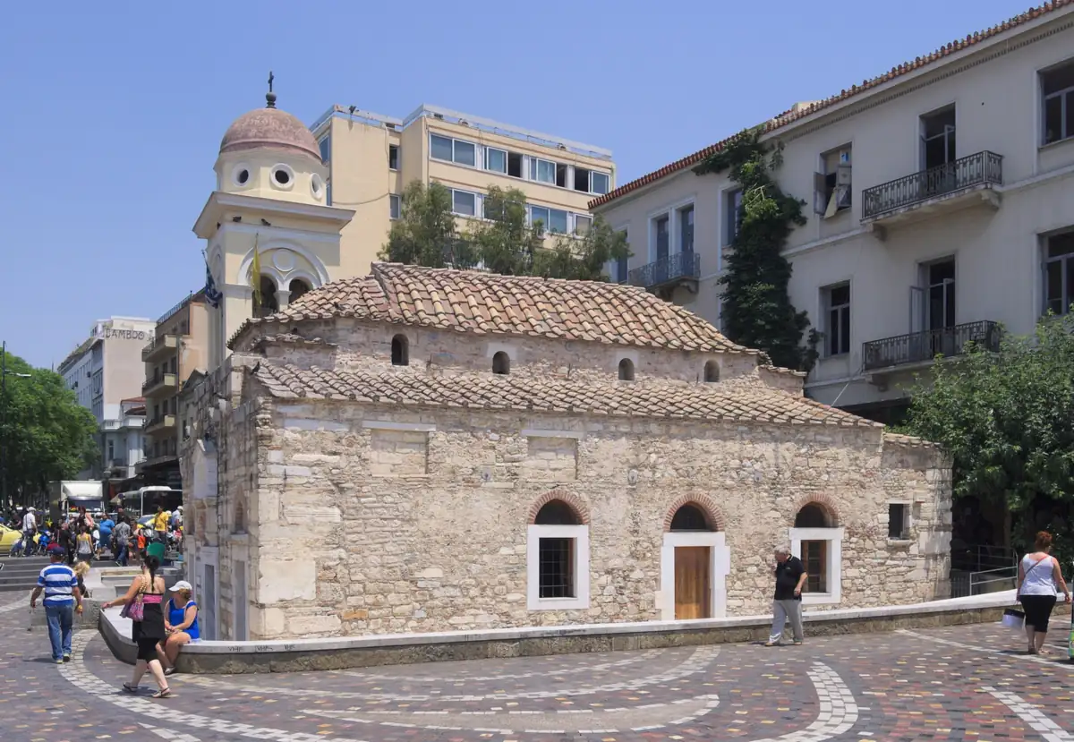 The small church of Pantanassa on Monastiraki square, Athens, with the flea market streets behind.