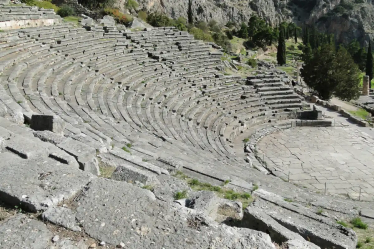 The stone rows of the ancient theater at Delphi, above the sanctuary.