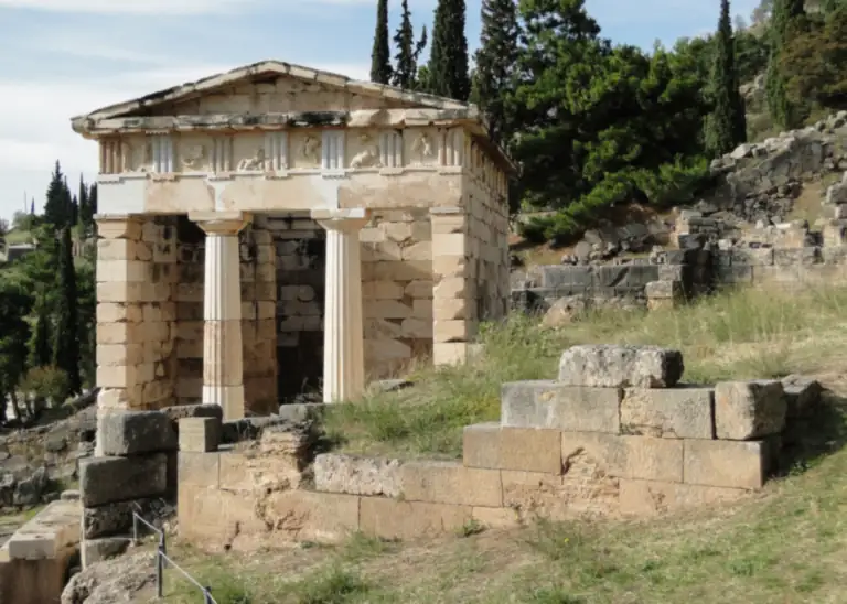 The Treasury of the Athenians at Delphi, rebuilt from its original marble blocks.