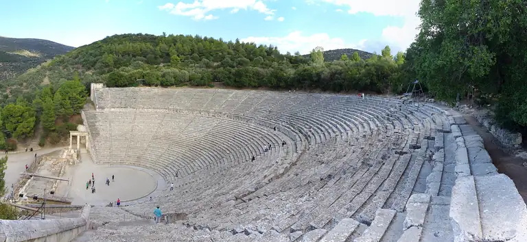 The ancient theater of Epidaurus, seen from the top of its stone rows.