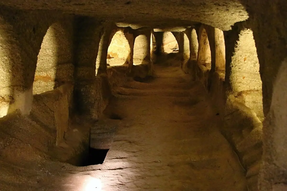 A corridor of the early Christian catacombs of Milos, cut into the hillside above Klima.