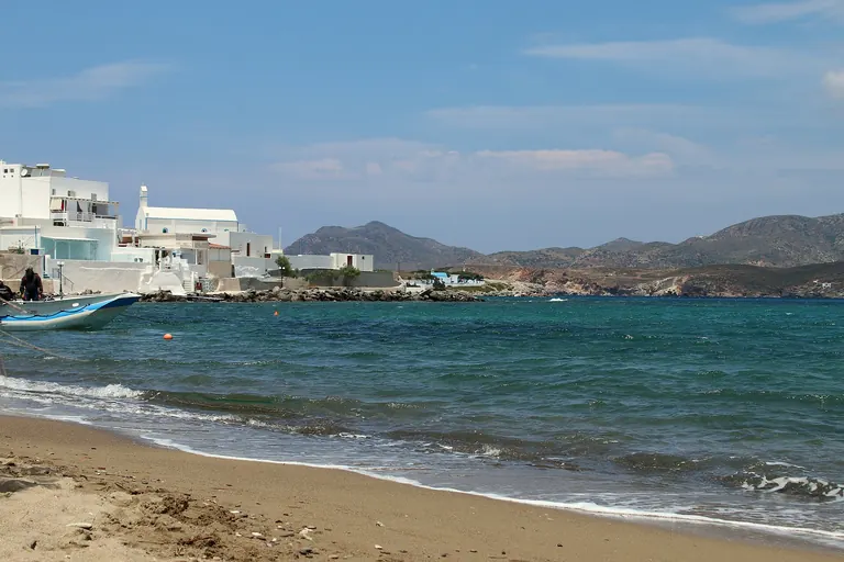 The beach and houses of Pollonia, the fishing village at the northeast tip of Milos.