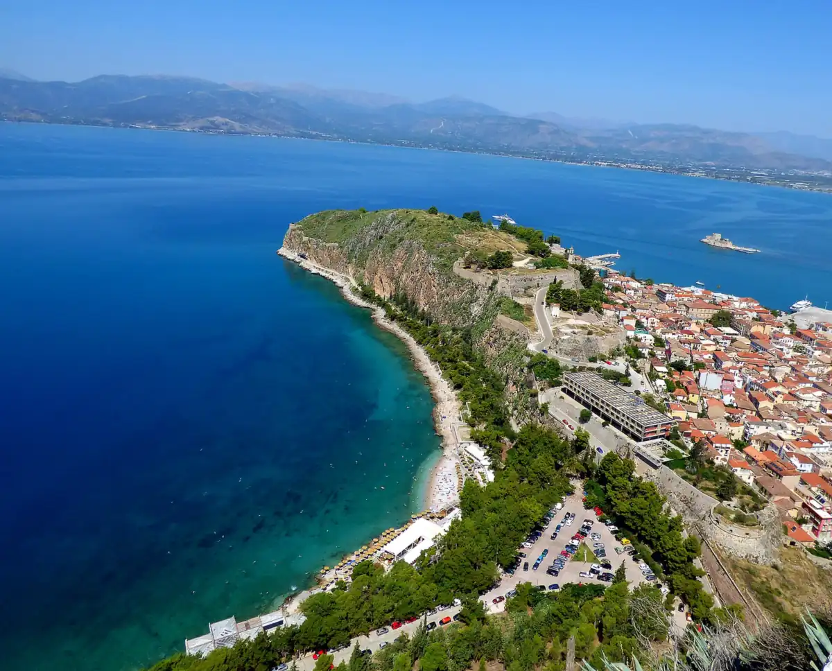 The old town of Nafplio on its peninsula, seen from the Palamidi fortress above.