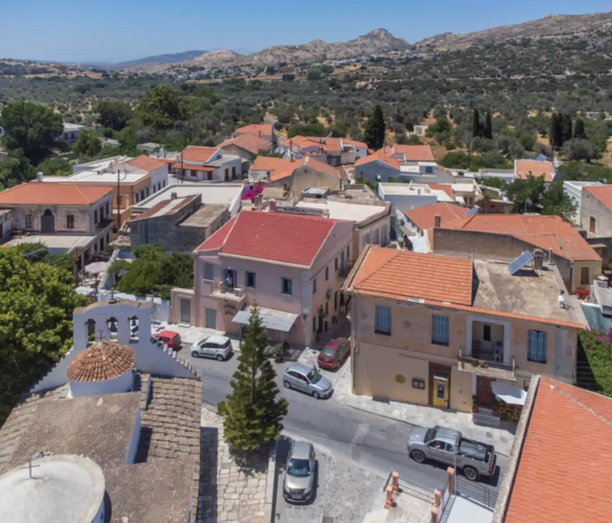 The tiled roofs and lanes of Halki, the old capital of the Tragaia valley on Naxos.
