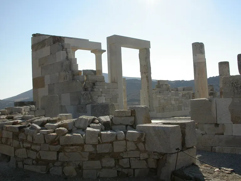 The restored marble Temple of Demeter near Sangri, Naxos, among the fields.