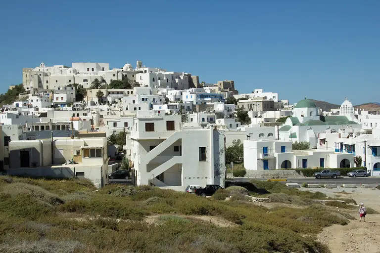 The white houses of Naxos town climbing toward the Kastro, the Venetian quarter.