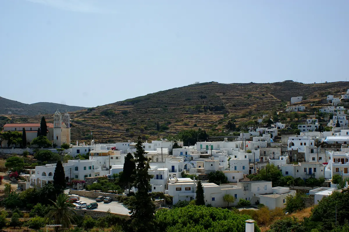 The village of Lefkes in the hills of Paros, with its church and white houses.