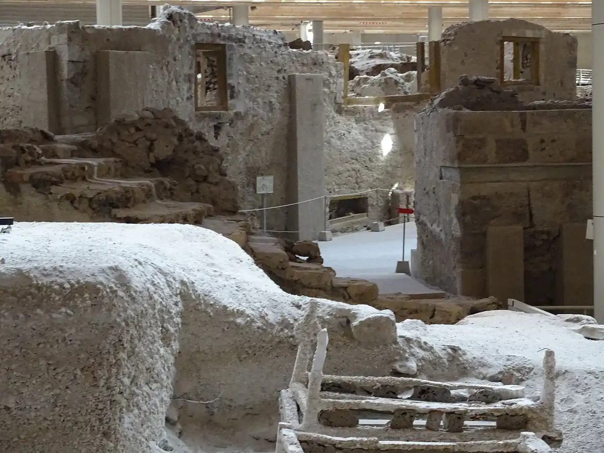 Excavated houses in the Bronze Age town of Akrotiri, Santorini, under the protective roof.